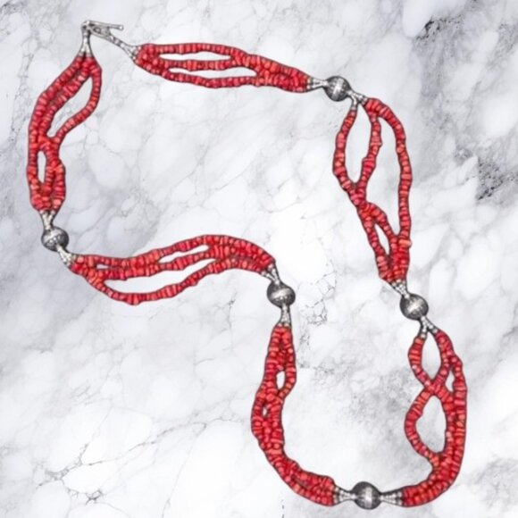 CAROLYN POLLACK Triple Strand Natural Red Coral Nugget .925 Native Pearl Beads - Picture 9 of 12